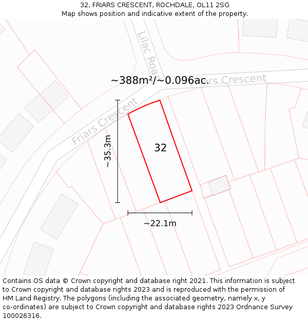 32, FRIARS CRESCENT, ROCHDALE, OL11 2SG: Plot and title map