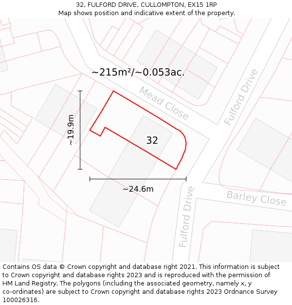 32, FULFORD DRIVE, CULLOMPTON, EX15 1RP: Plot and title map