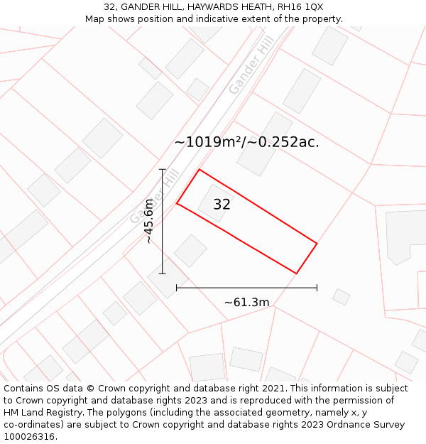 32, GANDER HILL, HAYWARDS HEATH, RH16 1QX: Plot and title map