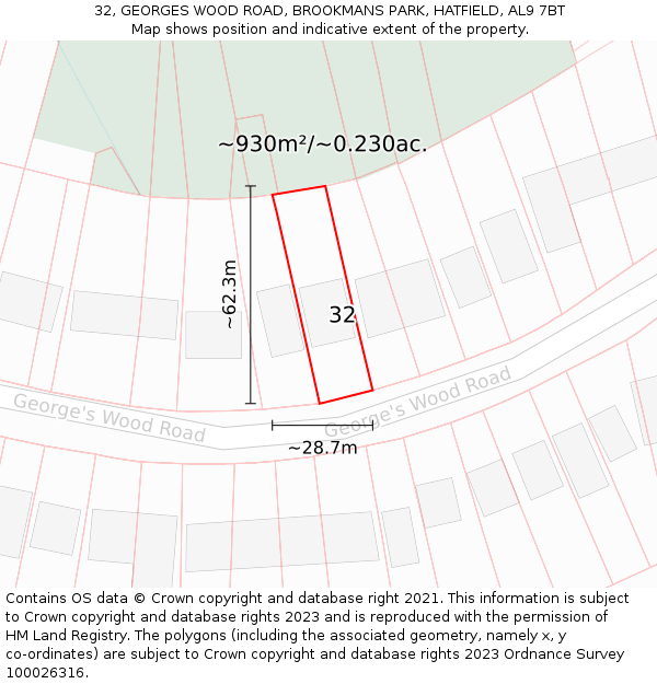32, GEORGES WOOD ROAD, BROOKMANS PARK, HATFIELD, AL9 7BT: Plot and title map