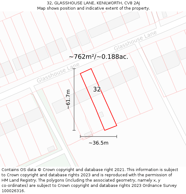 32, GLASSHOUSE LANE, KENILWORTH, CV8 2AJ: Plot and title map