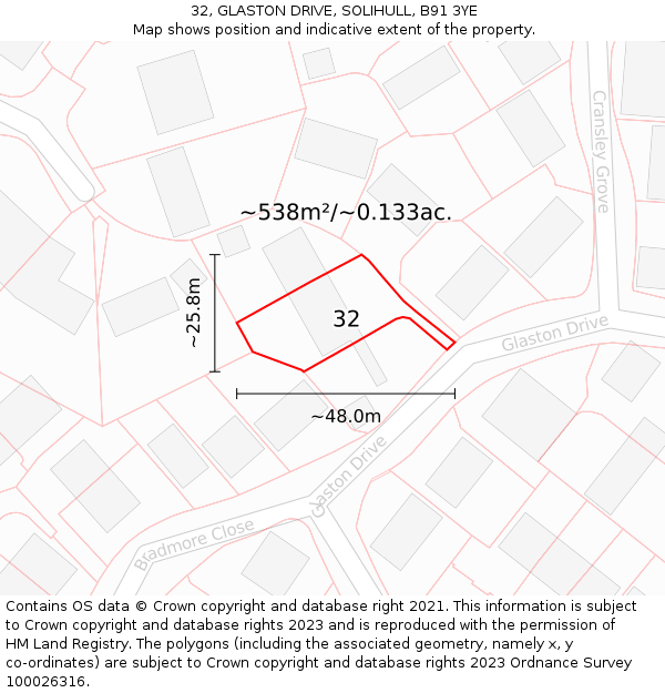 32, GLASTON DRIVE, SOLIHULL, B91 3YE: Plot and title map