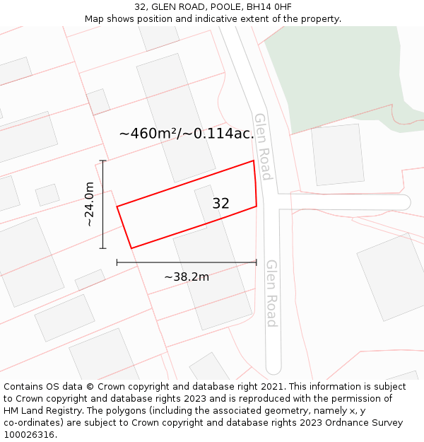 32, GLEN ROAD, POOLE, BH14 0HF: Plot and title map