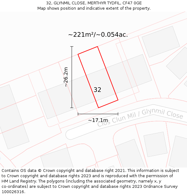 32, GLYNMIL CLOSE, MERTHYR TYDFIL, CF47 0GE: Plot and title map