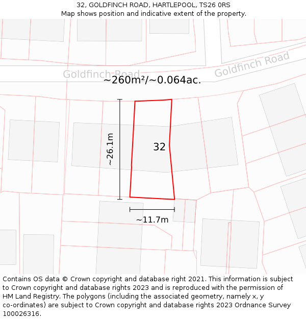 32, GOLDFINCH ROAD, HARTLEPOOL, TS26 0RS: Plot and title map