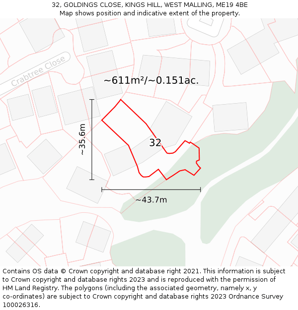 32, GOLDINGS CLOSE, KINGS HILL, WEST MALLING, ME19 4BE: Plot and title map