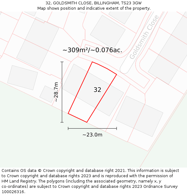 32, GOLDSMITH CLOSE, BILLINGHAM, TS23 3GW: Plot and title map