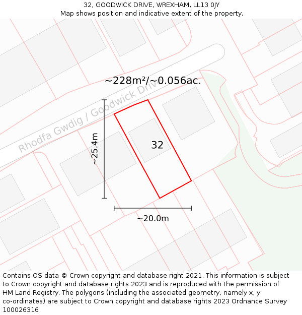 32, GOODWICK DRIVE, WREXHAM, LL13 0JY: Plot and title map