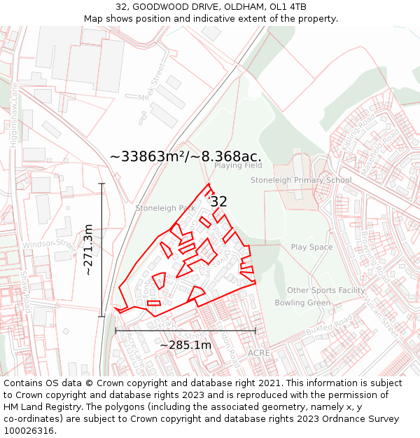 32, GOODWOOD DRIVE, OLDHAM, OL1 4TB: Plot and title map