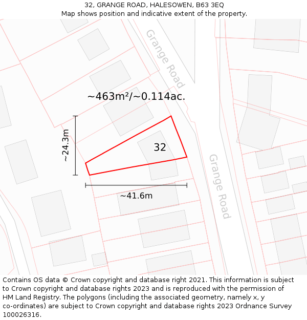 32, GRANGE ROAD, HALESOWEN, B63 3EQ: Plot and title map