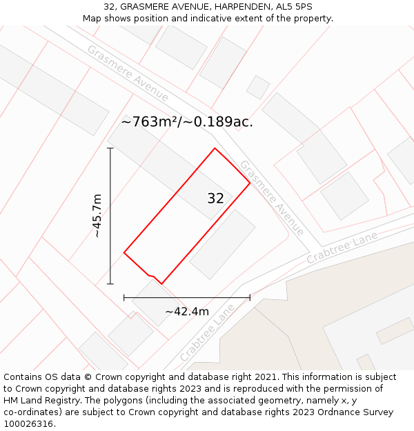 32, GRASMERE AVENUE, HARPENDEN, AL5 5PS: Plot and title map