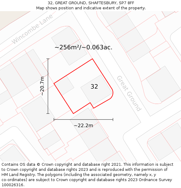 32, GREAT GROUND, SHAFTESBURY, SP7 8FF: Plot and title map