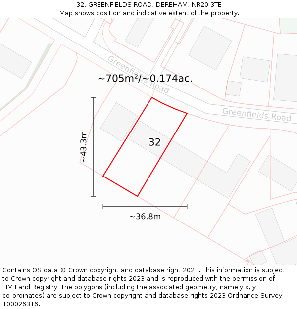 32, GREENFIELDS ROAD, DEREHAM, NR20 3TE: Plot and title map