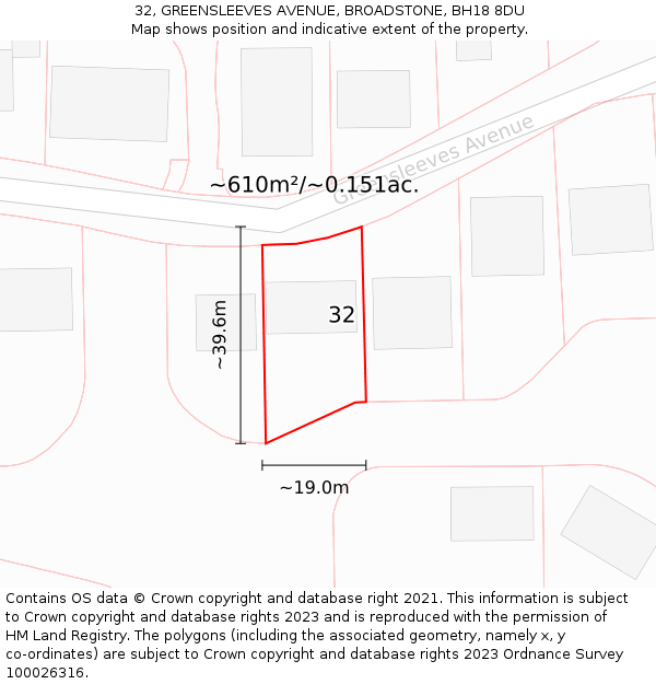 32, GREENSLEEVES AVENUE, BROADSTONE, BH18 8DU: Plot and title map