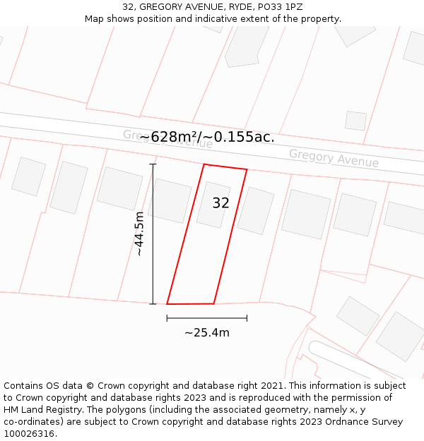 32, GREGORY AVENUE, RYDE, PO33 1PZ: Plot and title map
