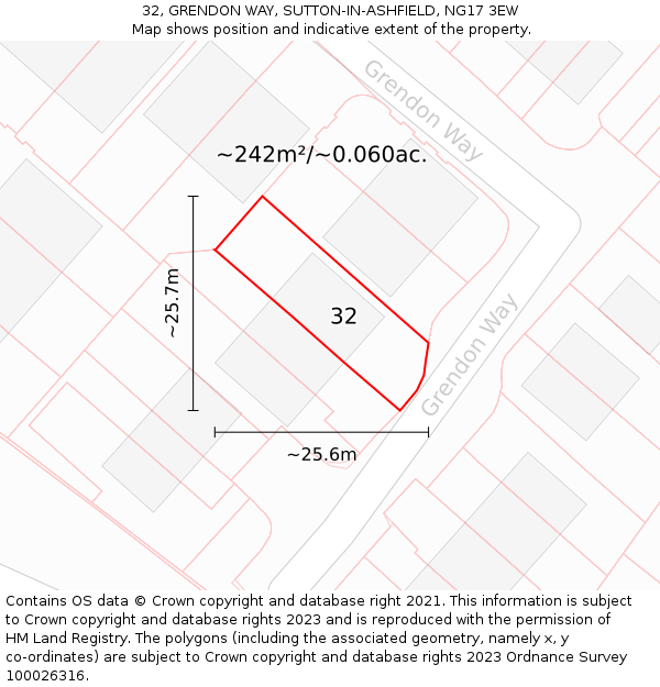 32, GRENDON WAY, SUTTON-IN-ASHFIELD, NG17 3EW: Plot and title map