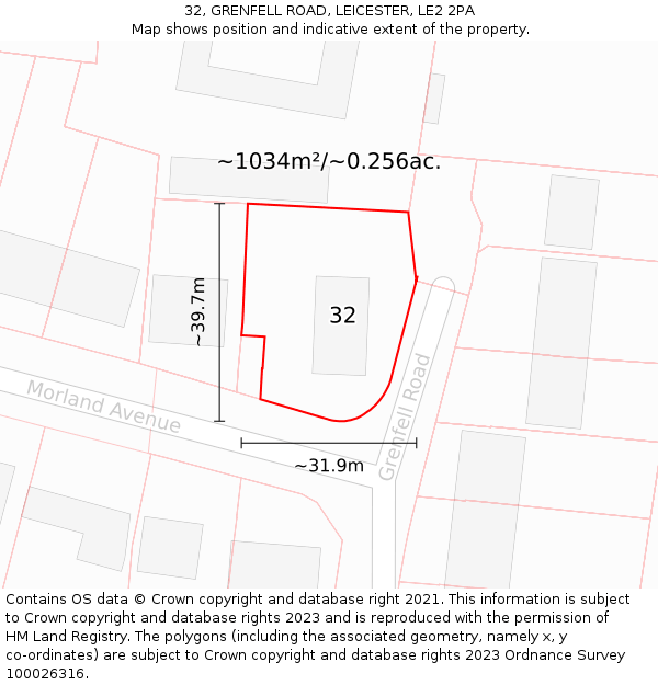32, GRENFELL ROAD, LEICESTER, LE2 2PA: Plot and title map
