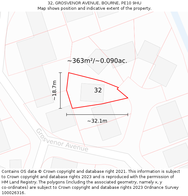 32, GROSVENOR AVENUE, BOURNE, PE10 9HU: Plot and title map