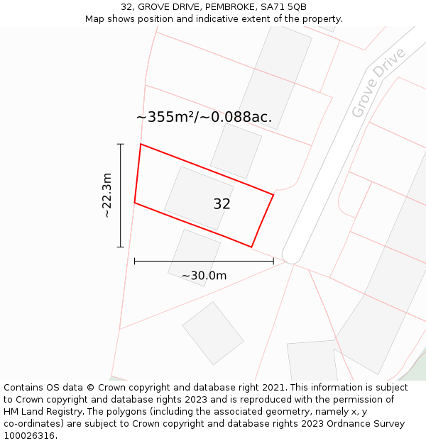 32, GROVE DRIVE, PEMBROKE, SA71 5QB: Plot and title map