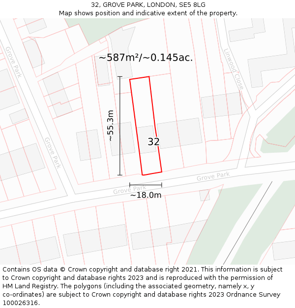 32, GROVE PARK, LONDON, SE5 8LG: Plot and title map