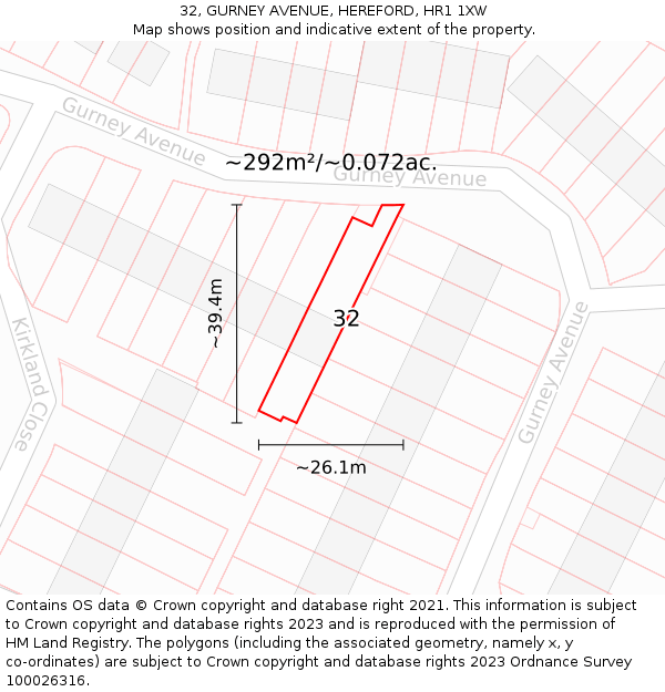 32, GURNEY AVENUE, HEREFORD, HR1 1XW: Plot and title map