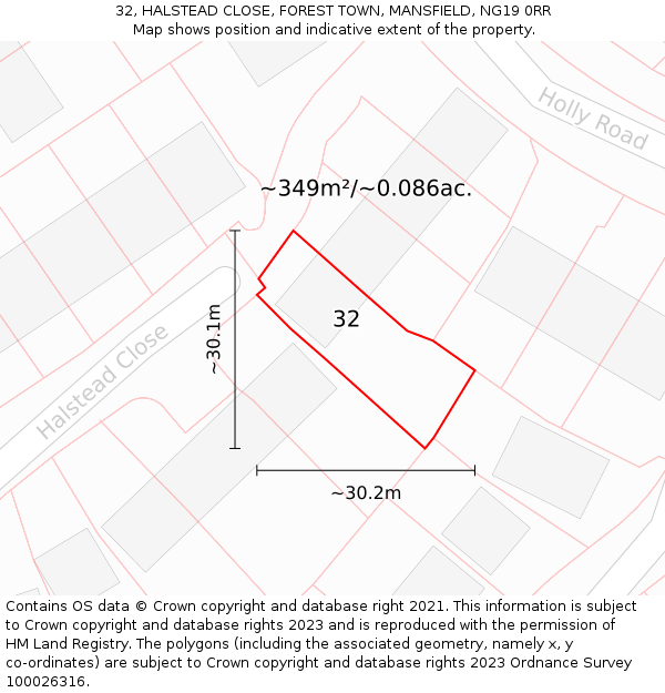 32, HALSTEAD CLOSE, FOREST TOWN, MANSFIELD, NG19 0RR: Plot and title map