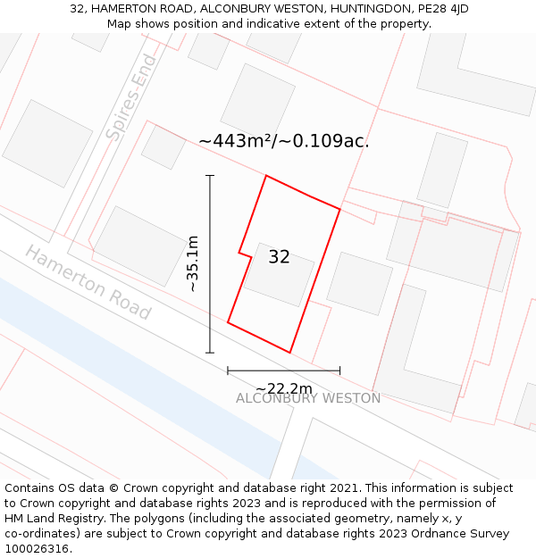 32, HAMERTON ROAD, ALCONBURY WESTON, HUNTINGDON, PE28 4JD: Plot and title map