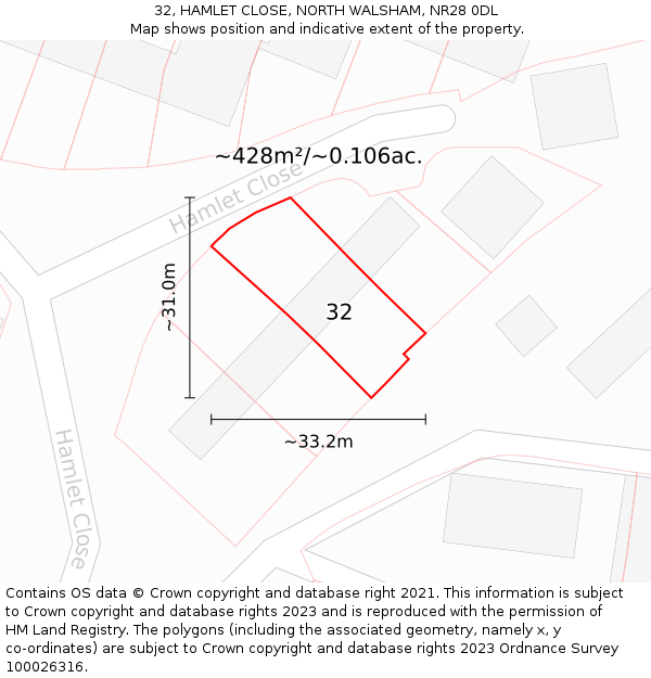 32, HAMLET CLOSE, NORTH WALSHAM, NR28 0DL: Plot and title map