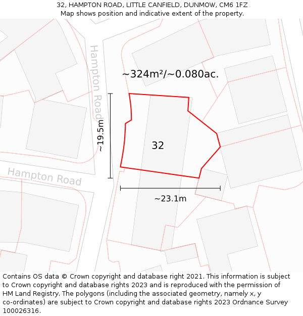 32, HAMPTON ROAD, LITTLE CANFIELD, DUNMOW, CM6 1FZ: Plot and title map