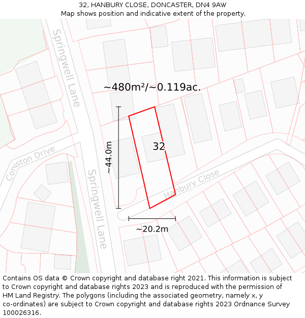 32, HANBURY CLOSE, DONCASTER, DN4 9AW: Plot and title map