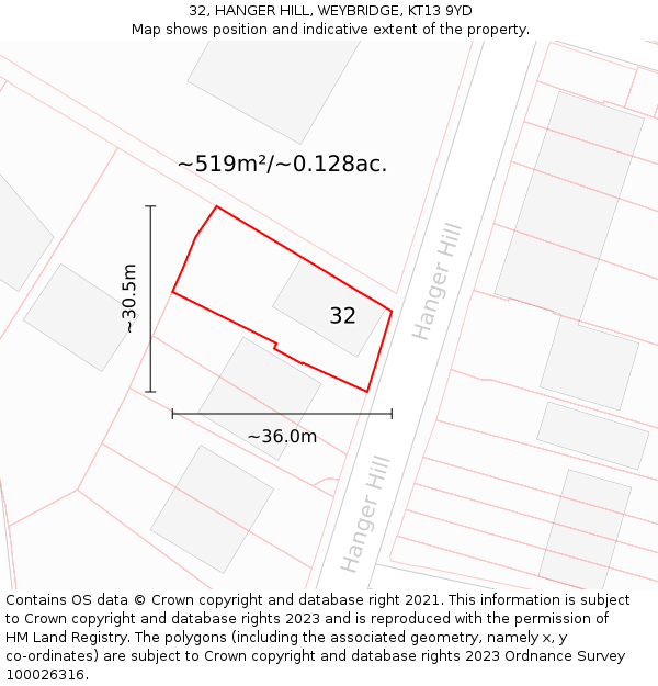 32, HANGER HILL, WEYBRIDGE, KT13 9YD: Plot and title map