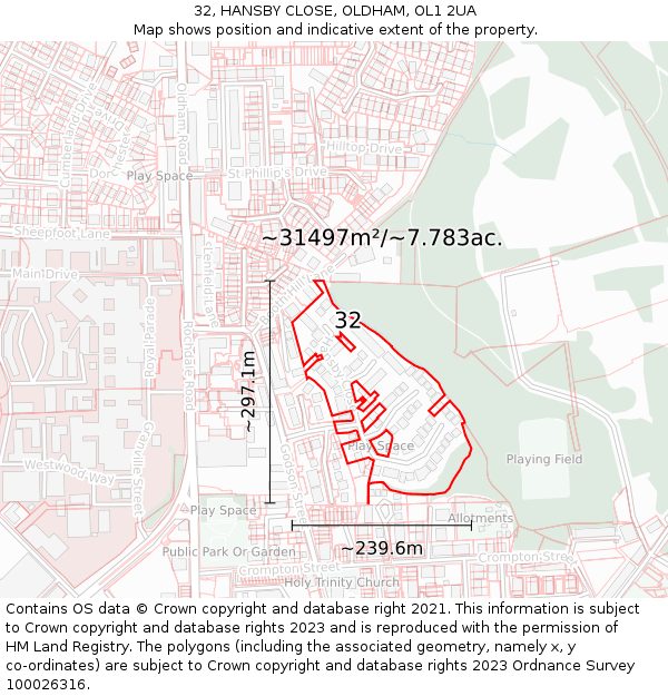 32, HANSBY CLOSE, OLDHAM, OL1 2UA: Plot and title map