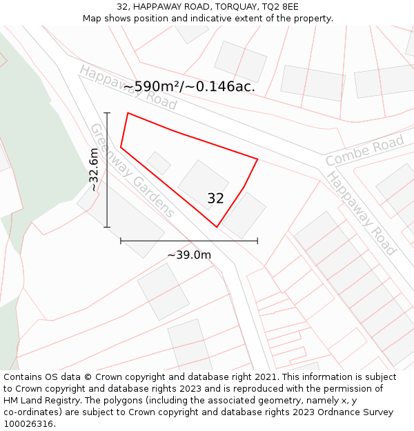 32, HAPPAWAY ROAD, TORQUAY, TQ2 8EE: Plot and title map