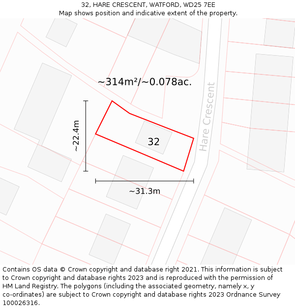 32, HARE CRESCENT, WATFORD, WD25 7EE: Plot and title map