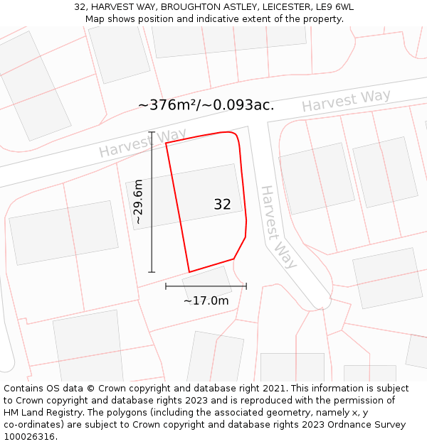 32, HARVEST WAY, BROUGHTON ASTLEY, LEICESTER, LE9 6WL: Plot and title map