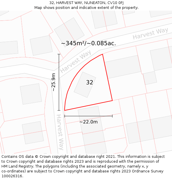 32, HARVEST WAY, NUNEATON, CV10 0FJ: Plot and title map