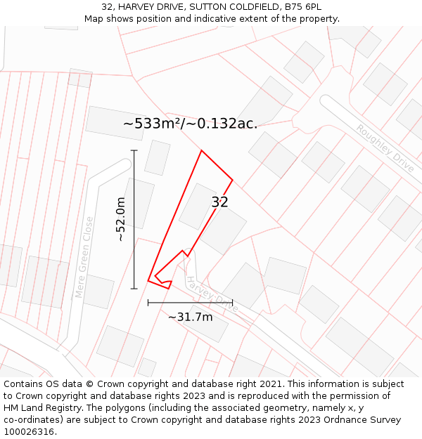 32, HARVEY DRIVE, SUTTON COLDFIELD, B75 6PL: Plot and title map