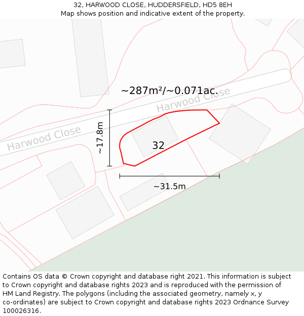 32, HARWOOD CLOSE, HUDDERSFIELD, HD5 8EH: Plot and title map