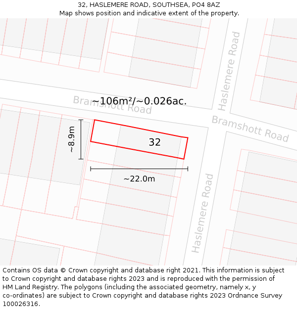 32, HASLEMERE ROAD, SOUTHSEA, PO4 8AZ: Plot and title map