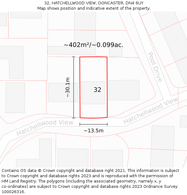 32, HATCHELLWOOD VIEW, DONCASTER, DN4 6UY: Plot and title map