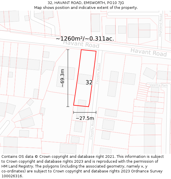 32, HAVANT ROAD, EMSWORTH, PO10 7JG: Plot and title map