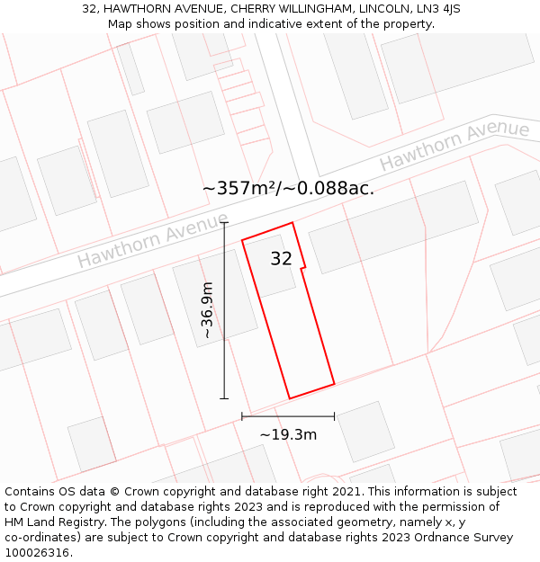32, HAWTHORN AVENUE, CHERRY WILLINGHAM, LINCOLN, LN3 4JS: Plot and title map