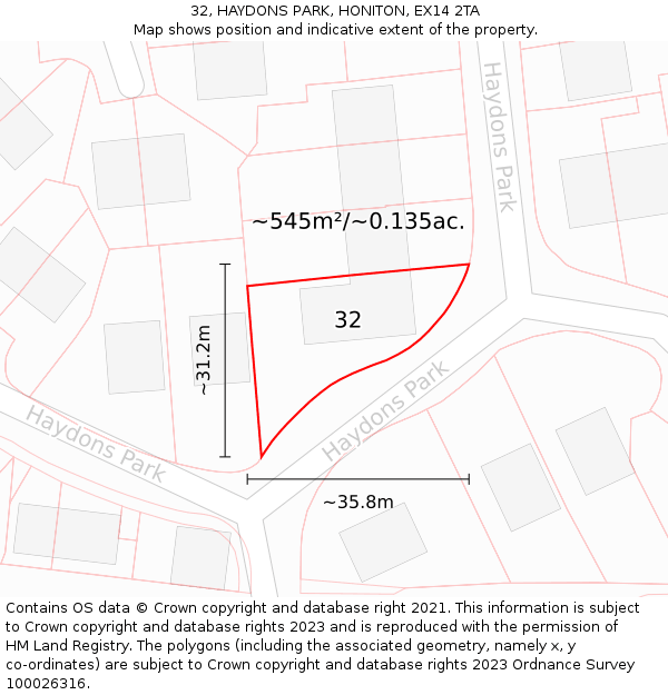 32, HAYDONS PARK, HONITON, EX14 2TA: Plot and title map
