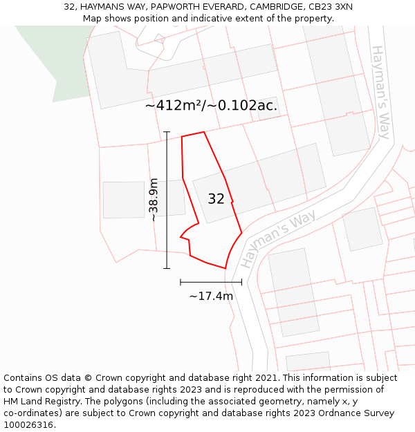 32, HAYMANS WAY, PAPWORTH EVERARD, CAMBRIDGE, CB23 3XN: Plot and title map