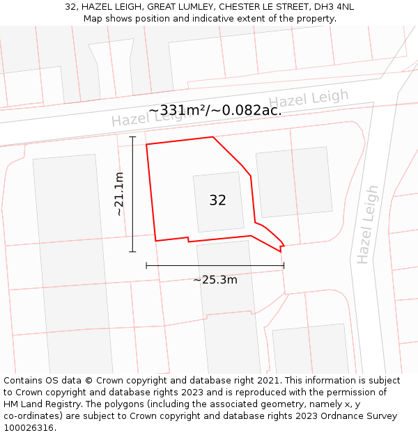 32, HAZEL LEIGH, GREAT LUMLEY, CHESTER LE STREET, DH3 4NL: Plot and title map
