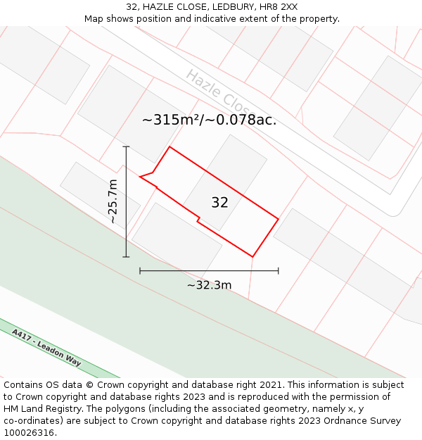 32, HAZLE CLOSE, LEDBURY, HR8 2XX: Plot and title map