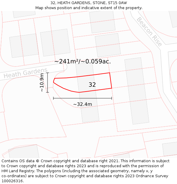 32, HEATH GARDENS, STONE, ST15 0AW: Plot and title map