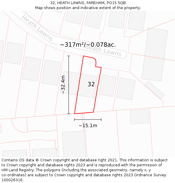 32, HEATH LAWNS, FAREHAM, PO15 5QB: Plot and title map