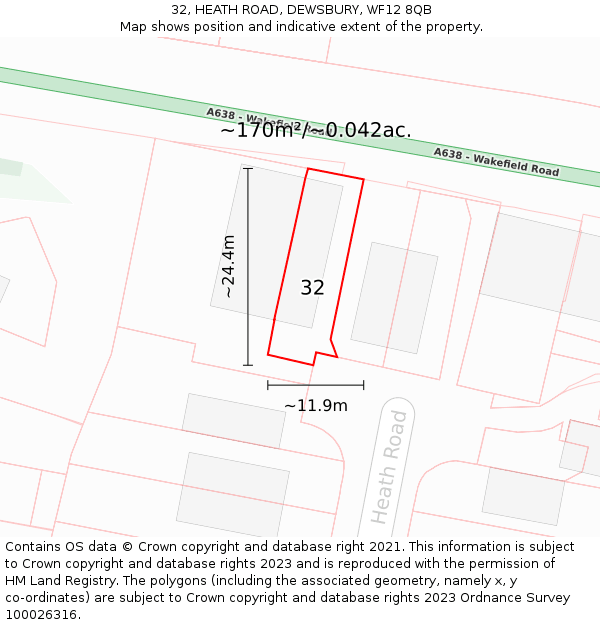 32, HEATH ROAD, DEWSBURY, WF12 8QB: Plot and title map