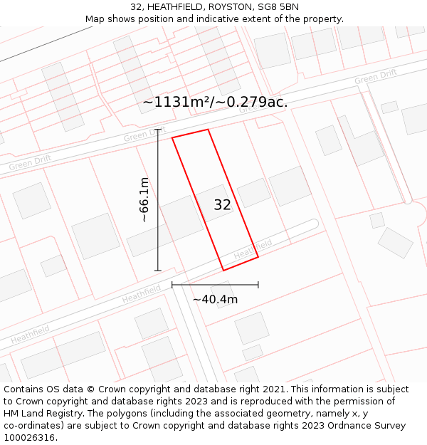 32, HEATHFIELD, ROYSTON, SG8 5BN: Plot and title map